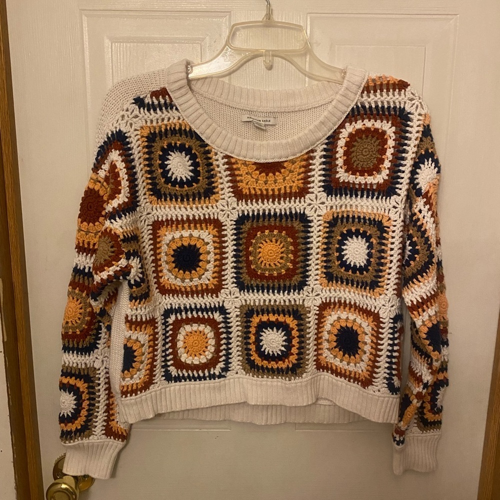American Eagle Outfitters Crochet Patchwork Cropped Boho Sweater - Picture 3 of 8